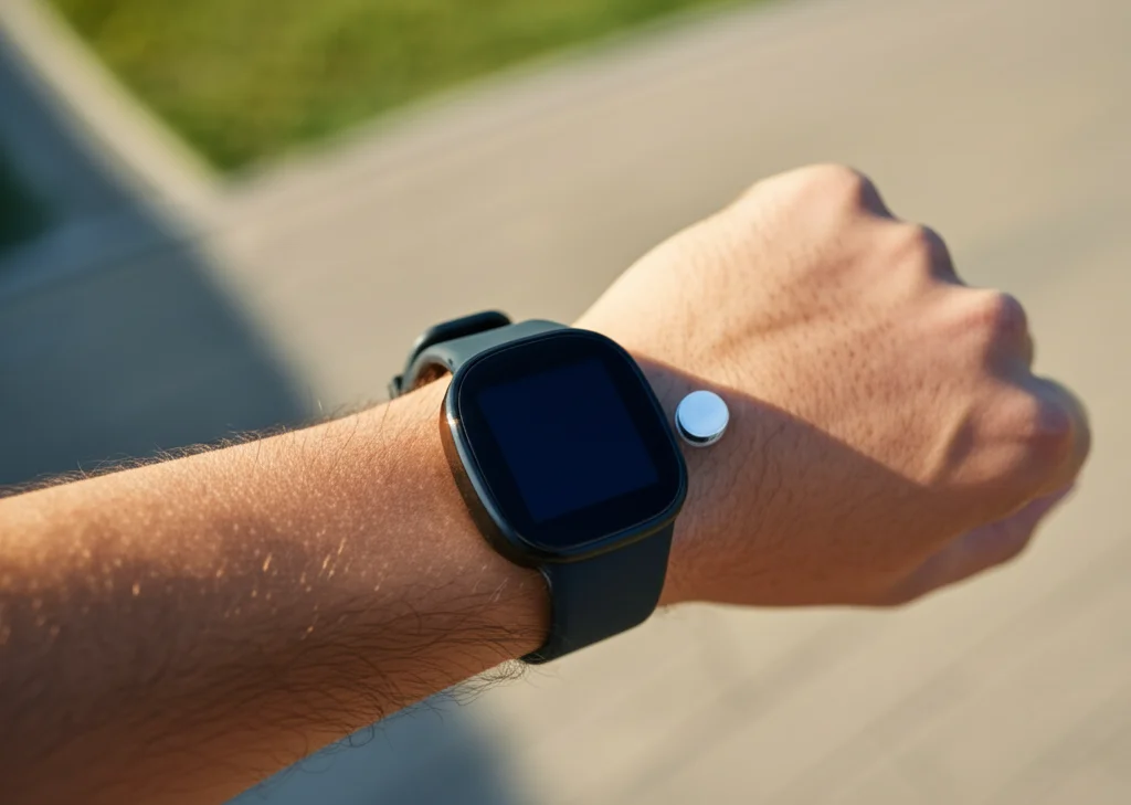 Persona che indossa uno smartwatch futuristico con un sensore cutaneo integrato che analizza il sudore durante l'esercizio fisico all'aperto in una giornata calda, messa a fuoco nitida sul dispositivo, sfondo leggermente sfocato, obiettivo prime 50mm, profondità di campo.