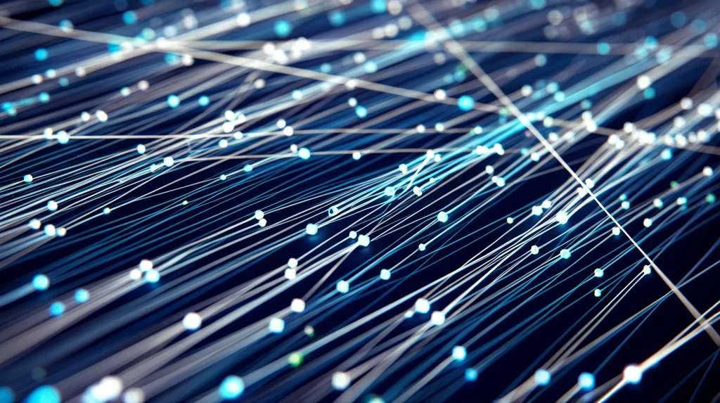 Diagramma astratto high-tech che mostra linee temporali complesse e interconnesse, rappresentanti serie storiche multivariate, con nodi luminosi che indicano punti dati. Focus nitido, illuminazione controllata blu e argento, prime lens 35mm, depth of field.