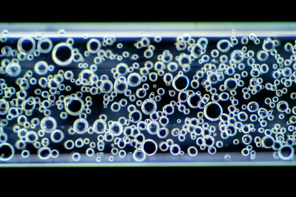 Immagine macro ad alta definizione, scattata con obiettivo da 100mm, che mostra una sospensione di nanoparticelle di Ag2S Quantum Dots in un liquido trasparente all'interno di una provetta da laboratorio. Le nanoparticelle appaiono come minuscoli punti scintillanti, con una luce controllata che ne evidenzia la dispersione omogenea. L'illuminazione è laterale per creare ombre sottili e dare profondità.