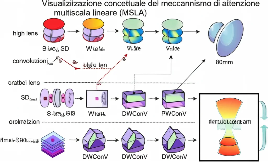 Visualizzazione concettuale del meccanismo di attenzione multiscala lineare (MSLA), con flussi di dati astratti che passano attraverso strati simili a lenti (convoluzioni DWConv, PWConv) che focalizzano su scale diverse. Macro lens, 80mm, high detail, precise focusing, illuminazione controllata con riflessi.