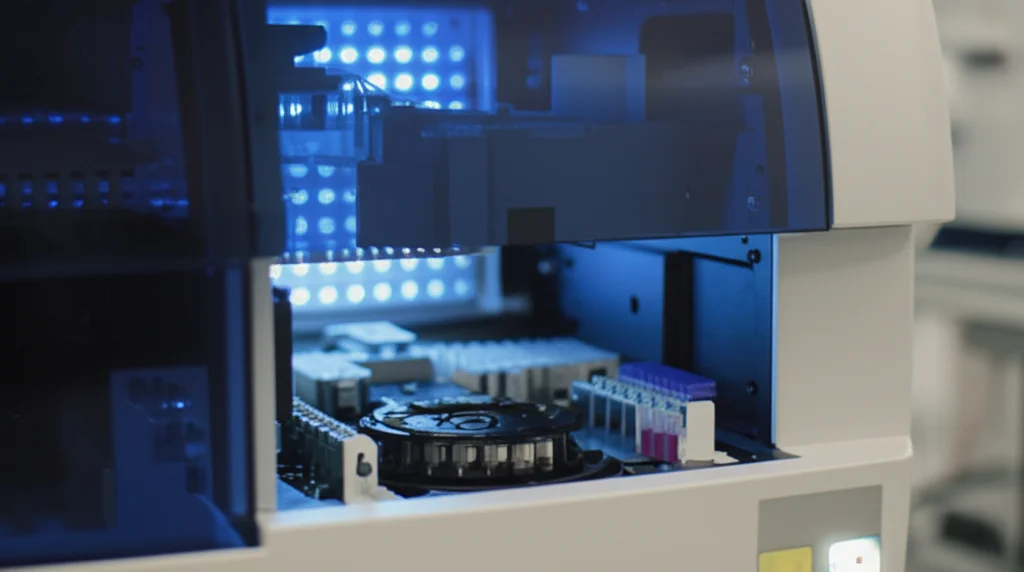 Primo piano di un tecnico di laboratorio che carica un campione di liquido biologico in un sequenziatore di DNA di nuova generazione, luci LED blu illuminano la macchina, obiettivo macro 60mm, alto dettaglio sui componenti interni del macchinario, sfondo sfocato del laboratorio.