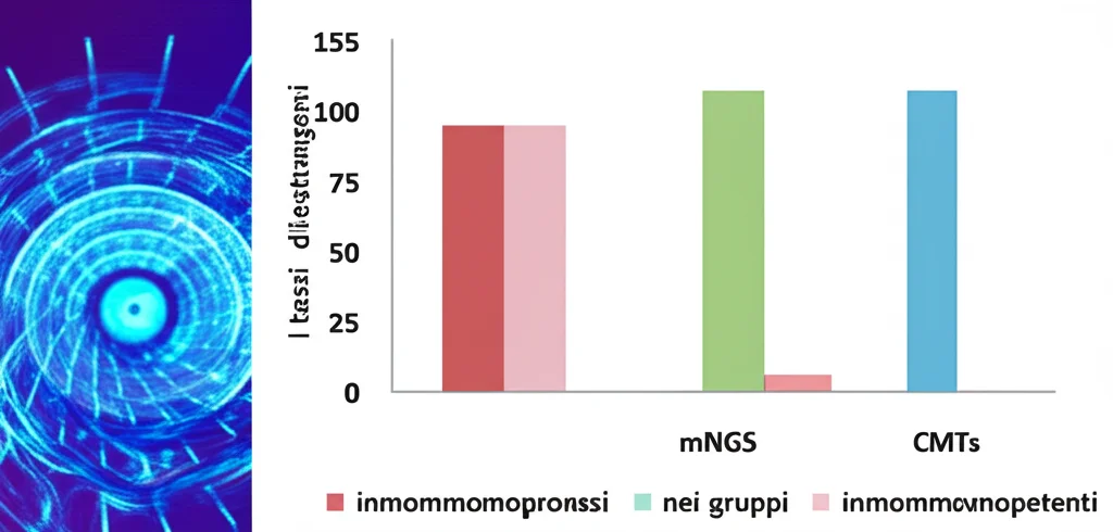 Grafico a barre tridimensionale che mostra la comparazione tra i tassi di rilevamento di patogeni (batteri, funghi, virus) tramite mNGS e CMTs nei gruppi immunocompromessi e immunocompetenti, colori vivaci e contrastanti, sfondo digitale astratto, obiettivo grandangolare 24mm per includere l'intero grafico.