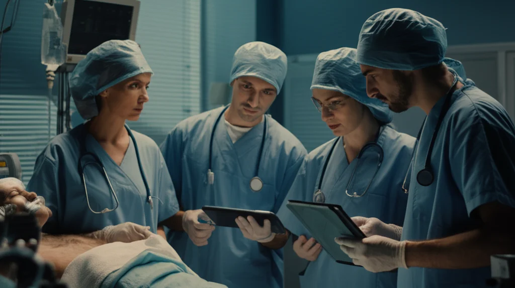 Fotografia in stile documentaristico di un team medico in terapia intensiva che discute attorno a un letto di paziente, analizzando referti e immagini su un tablet, luce ambientale mista (artificiale e naturale), obiettivo zoom 24-70mm, catturando l'interazione e la concentrazione del team.