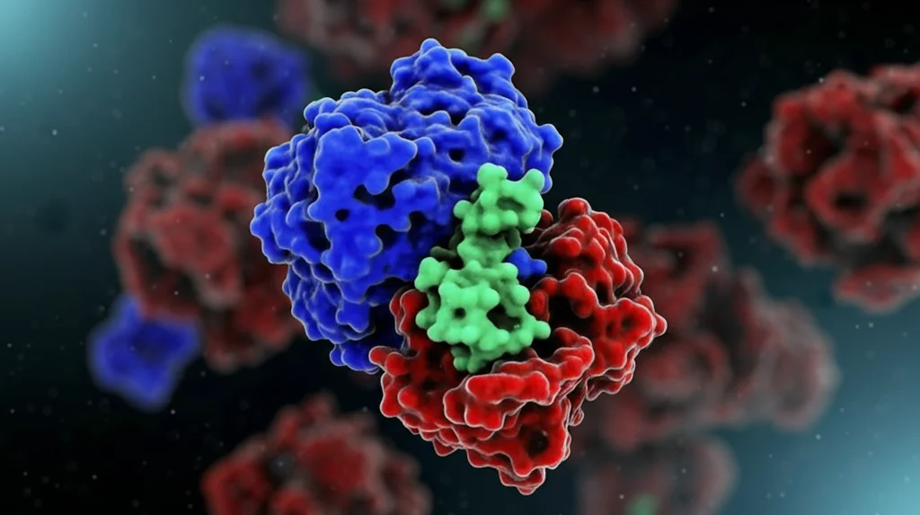 Visualizzazione fotorealistica 3D di una molecola inibitrice (stilizzata, simile a CFI-402257) che si lega al sito attivo della proteina chinasi TTK, bloccandone la funzione. Sfondo sfocato di una rete di segnalazione cellulare. Illuminazione drammatica, alto dettaglio molecolare, obiettivo macro 85mm.