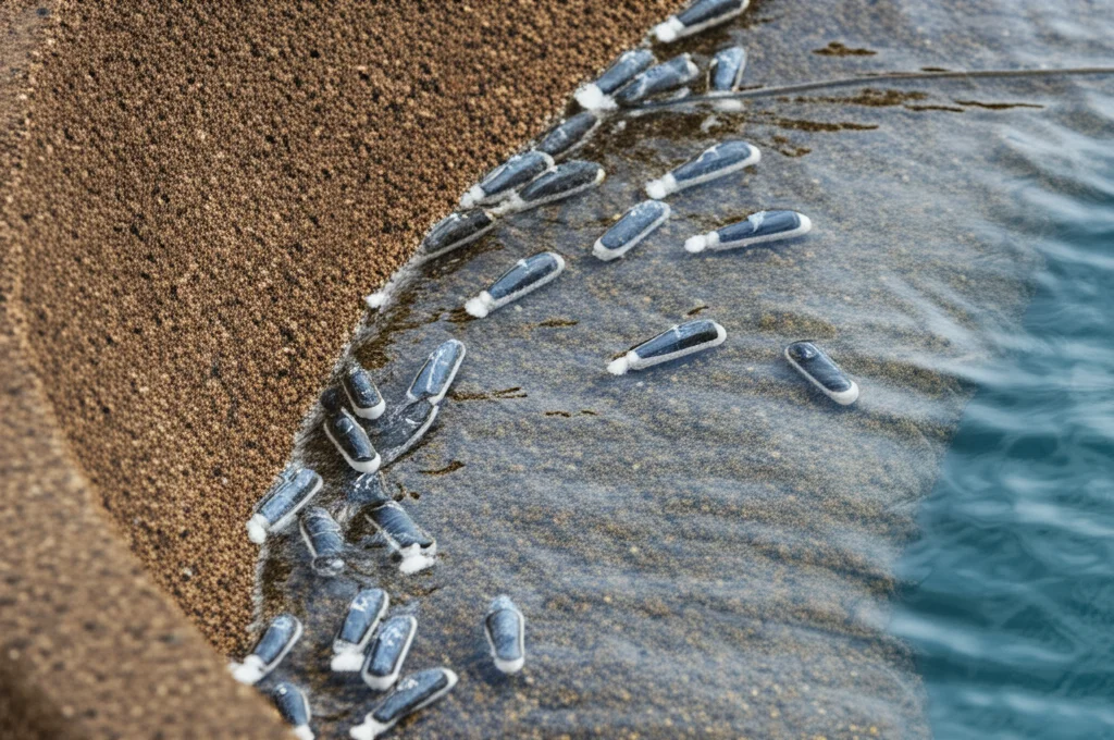 Fotografia dall'alto, obiettivo grandangolare 24mm, di un'arena circolare porosa contenente circa 20 pesci robotici. I pesci sono organizzati in un cluster lineare che segue la curvatura della parete, muovendosi in senso orario. Action tracking per catturare il movimento collettivo. Acqua leggermente mossa.