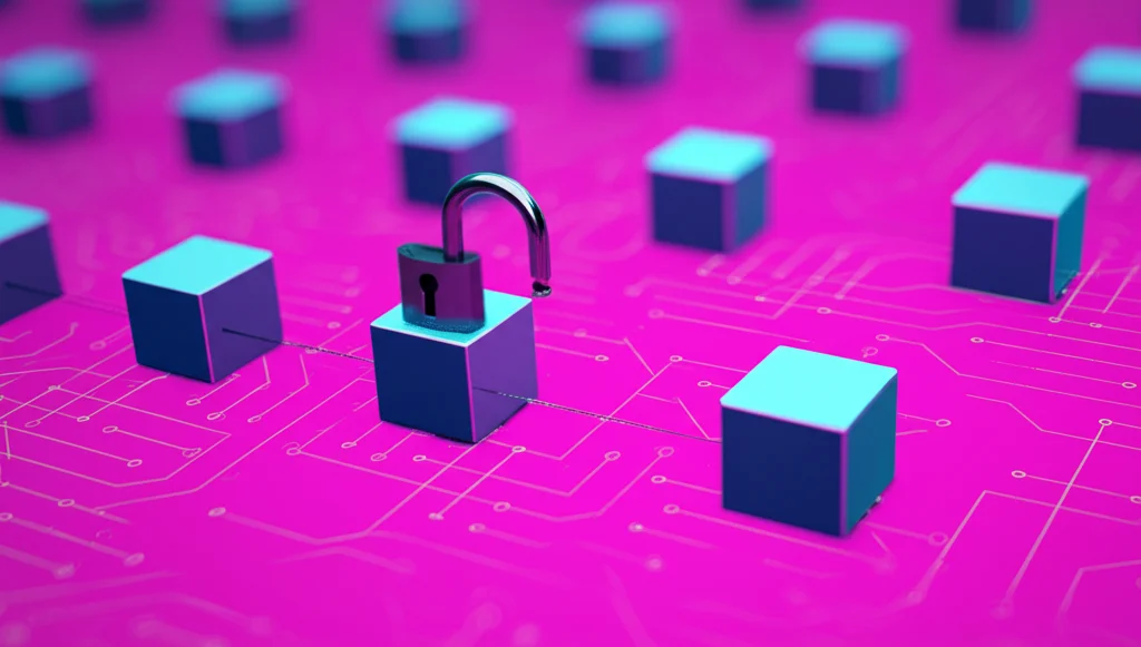 Illustrazione astratta di blocchi blockchain interconnessi con un lucchetto digitale aperto su uno di essi, simboleggiando una vulnerabilità scoperta, colori duotone ciano e magenta, profondità di campo.