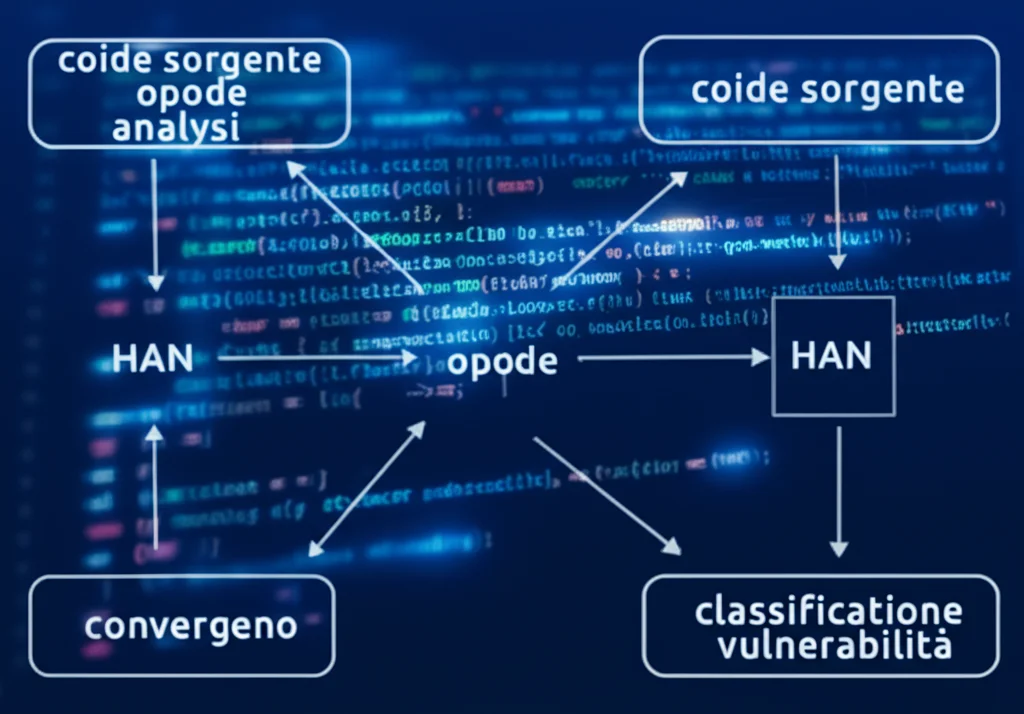 Diagramma di flusso stilizzato che mostra due flussi di dati paralleli (codice sorgente e opcode) che entrano in moduli di analisi (HAN) e poi convergono in un punto di fusione prima di un output finale (classificazione vulnerabilità), sfondo blu scuro con linee di codice luminose, alta definizione.