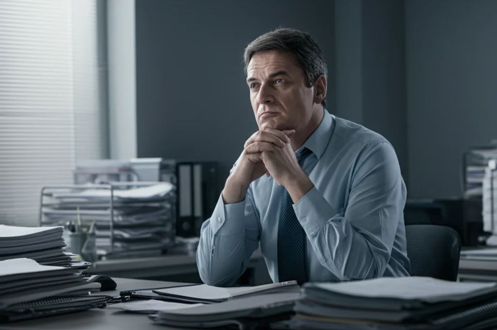 Un manager sanitario dall'aspetto pensieroso, sulla cinquantina, seduto a una scrivania ingombra di documenti in un ufficio moderno ma leggermente caotico. Luce soffusa da una finestra laterale. Obiettivo prime 35mm, profondità di campo ridotta che sfoca leggermente lo sfondo, tonalità duotone blu e grigio per un'atmosfera riflessiva.