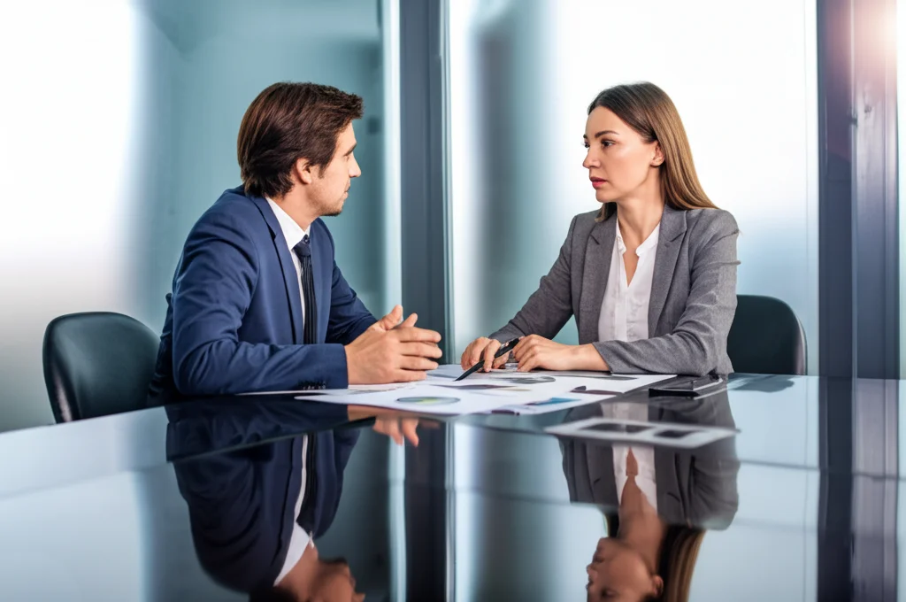 Due persone in abiti formali (un uomo e una donna, età diverse) sedute una di fronte all'altra a un tavolo da riunione lucido. Espressioni serie, sembrano in una discussione intensa ma controllata. Sul tavolo, alcuni grafici e documenti sparsi. Illuminazione da ufficio, obiettivo zoom 50mm, messa a fuoco precisa sui volti.
