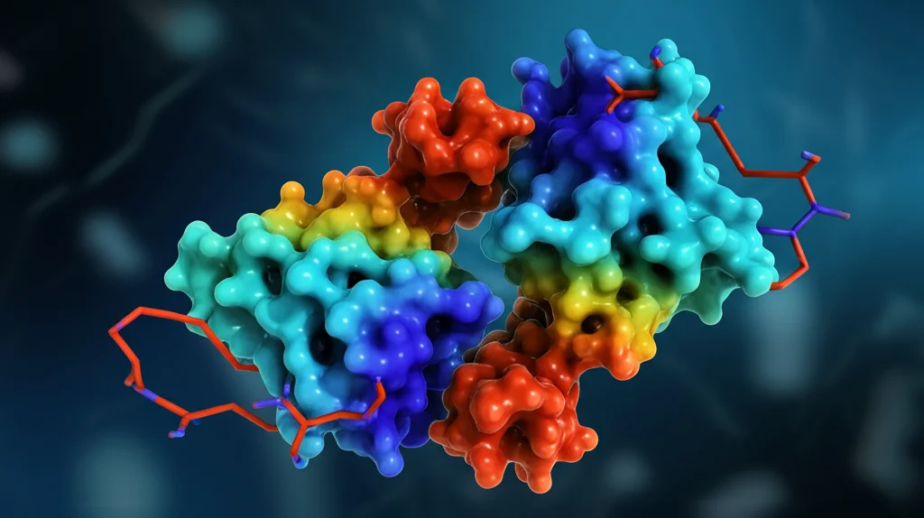 Visualizzazione 3D fotorealistica della proteina Spermidina Sintasi (SRM) con evidenziate le regioni chiave. Sfondo astratto che richiama il metabolismo delle poliammine. Lente macro 100mm, illuminazione drammatica per enfatizzare la struttura, dettagli molecolari precisi.