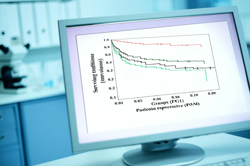Grafico di sopravvivenza Kaplan-Meier fotorealistico visualizzato su uno schermo di computer in un ambiente clinico/di ricerca. Le curve mostrano la differenza nella sopravvivenza libera da malattia tra gruppi di pazienti con cancro alla prostata stratificati per espressione di PGC1α e SRM. Focus nitido sul grafico, sfondo leggermente sfocato con elementi di laboratorio/ufficio medico. Lente prime 50mm, profondità di campo.