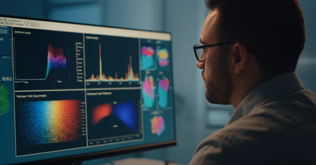 Primo piano di un ricercatore che osserva attentamente grafici di performance di modelli di deep learning su un monitor ad alta risoluzione in un laboratorio di ricerca, luce ambientale controllata, lente macro 60mm, alta definizione.