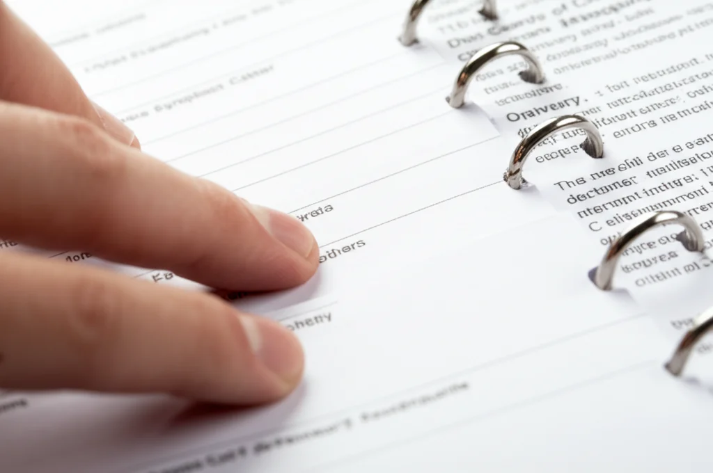 Primo piano di una mano che sfoglia meticolosamente un report scientifico o una linea guida clinica rilegata. Dettaglio elevato sulla carta e sul testo. Illuminazione controllata da studio, obiettivo macro 90mm, messa a fuoco nitida sul documento.
