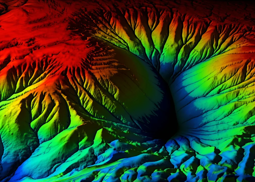 Visualizzazione 3D astratta e fotorealistica di una superficie topografica deformata che mostra una conca di subsidenza asimmetrica, resa con colori caldi (rosso/arancione) per le zone di maggiore abbassamento e freddi (blu/verde) per quelle stabili, illuminazione drammatica.