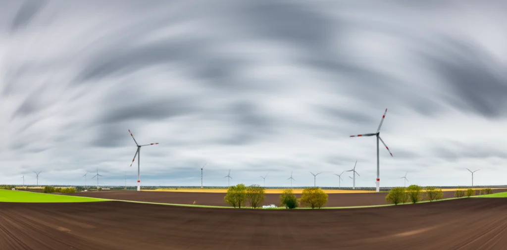 Paesaggio grandangolare del nord della Germania con campi piatti e turbine eoliche in lontananza sotto un cielo nuvoloso, obiettivo grandangolare 18mm, lunga esposizione per nuvole mosse, messa a fuoco nitida sul paesaggio, evocando l'area dello studio sulle caverne saline.