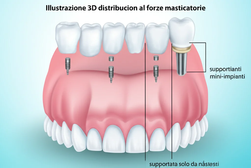 Illustrazione 3D che mostra la distribuzione delle forze masticatorie su una protesi parziale rimovibile supportata sia da denti naturali che da mini-impianti, confrontata con una supportata solo da denti. Focus sulla riduzione dello stress sui denti pilastro grazie ai mini-impianti. Stile grafico medico, alta definizione.