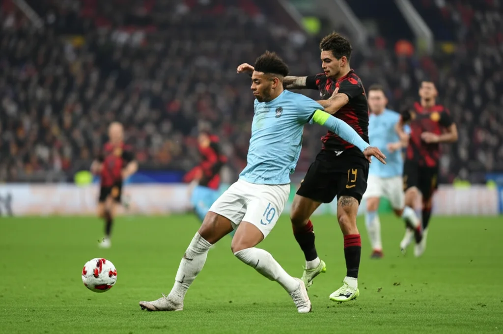 Fotografia sportiva di un'azione di calcio molto combattuta, teleobiettivo zoom 200mm, alta velocità dell'otturatore per congelare il movimento, focus sui giocatori in contrasto, con zolle d'erba che volano, illuminazione da stadio intensa, profondità di campo ridotta per isolare l'azione.