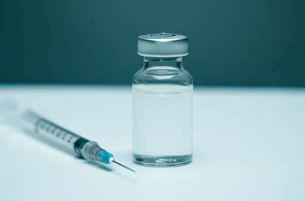 Fotografia macro di una fiala di vaccino e una siringa su un tavolo pulito da laboratorio, obiettivo macro 100mm, alta definizione, messa a fuoco precisa, illuminazione controllata e leggermente fredda.