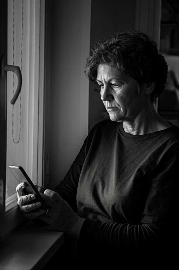 Fotografia di ritratto, una donna di mezza età che guarda pensierosa lo schermo di uno smartphone, luce soffusa da una finestra laterale, obiettivo 35mm, profondità di campo, bianco e nero.