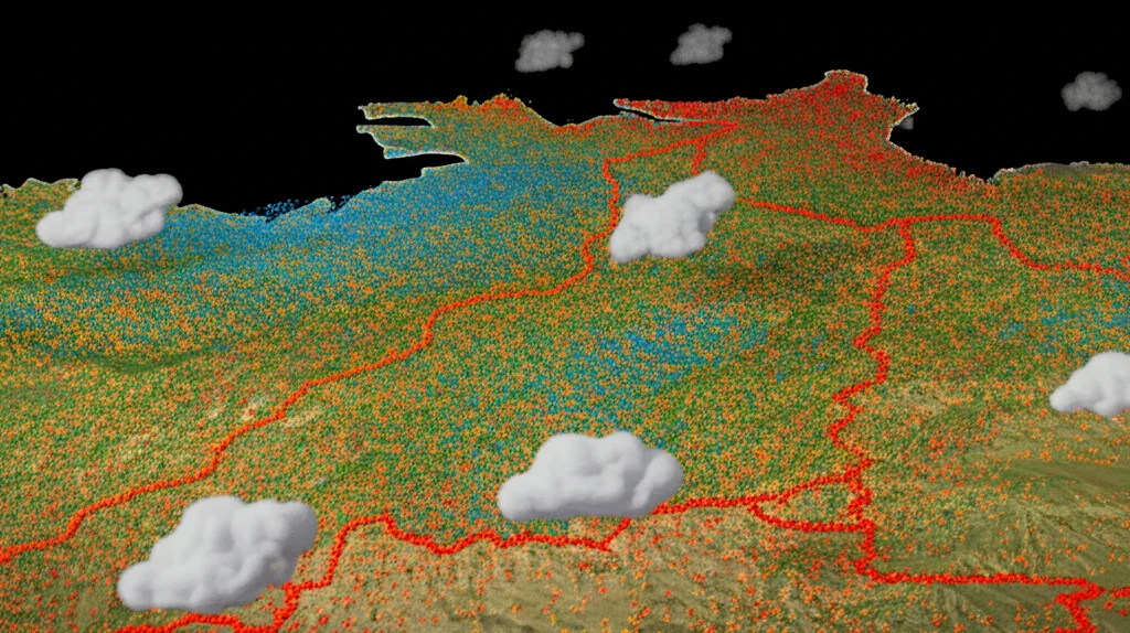 Fotografia macro di una mappa topografica 3D stilizzata della Serra do Mar brasiliana, con sovrapposte nuvole di punti colorati che rappresentano la simulazione geostatistica della biomassa. Obiettivo macro 100mm, alta definizione, illuminazione controllata per evidenziare la texture della mappa e la dispersione dei punti.