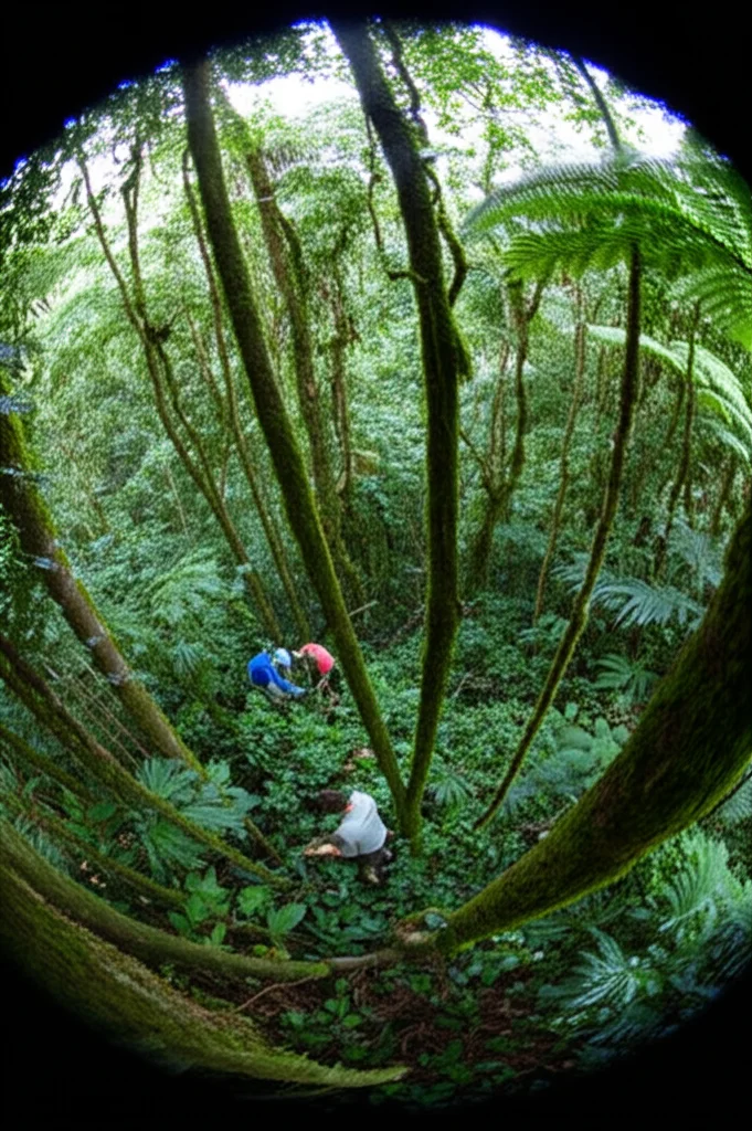Fotografia grandangolare di ricercatori che installano una piccola plot di campionamento (10x10m) in una fitta foresta tropicale montana della Serra do Mar, Brasile. Si vede la ripida pendenza e la vegetazione lussureggiante. Obiettivo grandangolare 20mm, messa a fuoco nitida, luce naturale filtrata dalla chioma degli alberi.