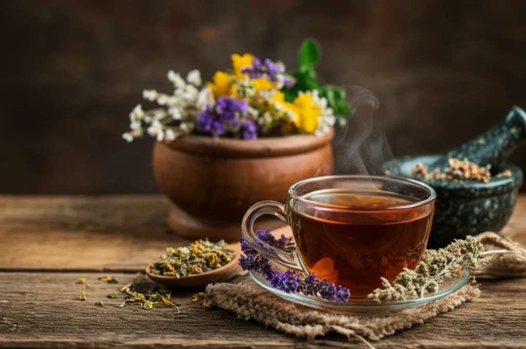 Fotografia still life, una tazza di tisana fumante accanto a erbe secche e un mortaio su un tavolo di legno rustico, obiettivo macro 60mm, alta definizione, illuminazione calda e naturale.