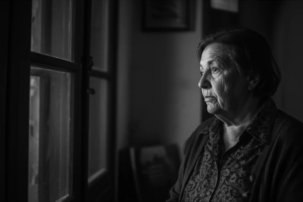 Ritratto di una donna di circa 50 anni, seduta in una stanza poco illuminata, che guarda fuori da una finestra con espressione preoccupata; obiettivo 35mm prime lens, profondità di campo ridotta, luce naturale soffusa, bianco e nero con grana fine stile film noir per enfatizzare l'ansia.