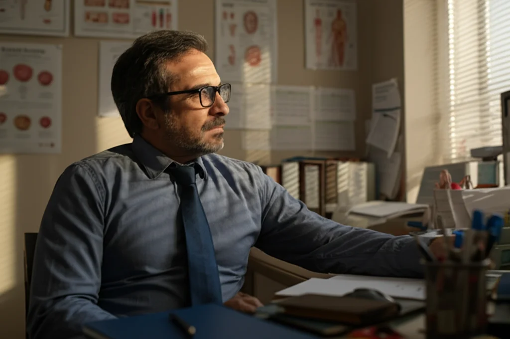 Un professionista della salute mentale, uomo di mezza età con occhiali, siede alla sua scrivania in un ufficio modesto ma accogliente di una clinica comunitaria. Guarda fuori dalla finestra con espressione pensierosa, luce naturale pomeridiana, obiettivo 35mm, profondità di campo che sfoca leggermente lo sfondo con poster informativi sulla salute mentale. Stile fotorealistico, colori caldi.