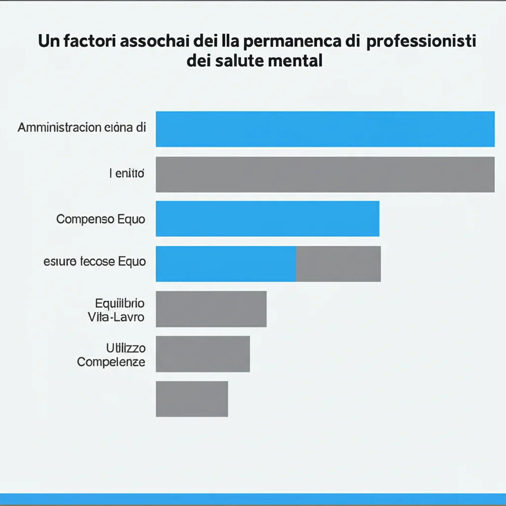 Un grafico a barre semplice ma chiaro che mostra i fattori associati alla permanenza dei professionisti della salute mentale. Le barre più alte corrispondono a 'Amministrazione di Supporto', 'Compenso Equo', 'Equilibrio Vita-Lavoro', 'Utilizzo Competenze'. Stile infografica pulita, colori blu e grigio duotone, alta leggibilità.