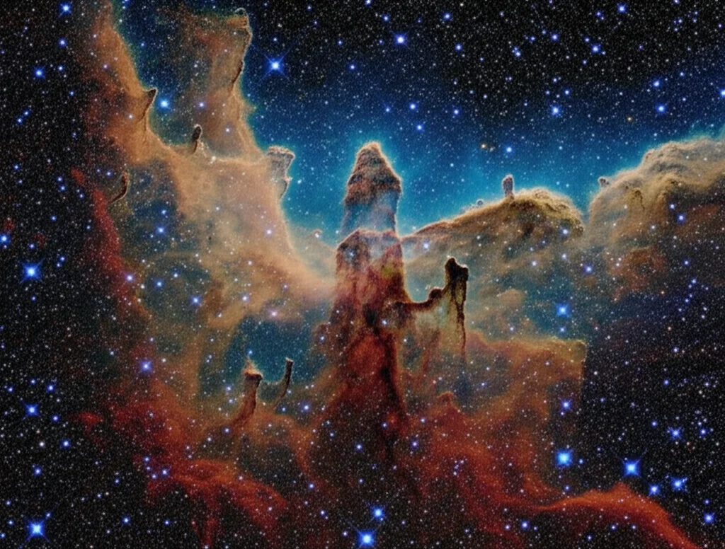 Astrofotografia grandangolare 10mm di una nebulosa cosmica complessa e ramificata che ricorda un albero, con colori vibranti e strutture intricate, simboleggiando l'albero del mondo axiarchico e la massimizzazione del valore intrinseco nell'universo, lunga esposizione, messa a fuoco nitida.
