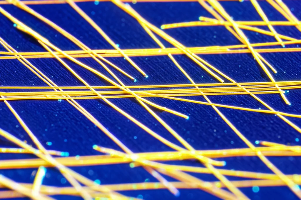 Macro fotografia di nanofili d'argento (AgNW) su un substrato flessibile trasparente, illuminati per mostrare l'effetto plasmonico con dettagli precisi e illuminazione controllata, obiettivo macro 100mm, alta definizione. Alcuni nanofili brillano leggermente a causa della risonanza plasmonica.