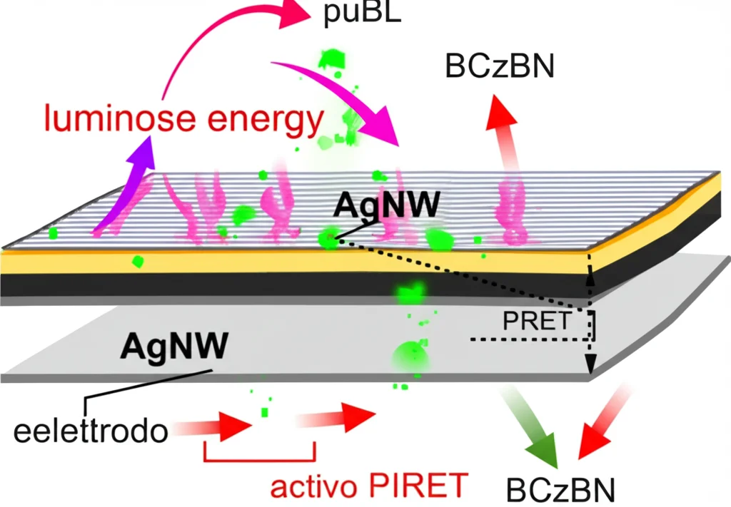 Illustrazione fotorealistica di una sezione trasversale di una cella solare organica flessibile, evidenziando lo strato PEEL (NiOx drogato con BCzBN, mostrato come uno strato con particelle verdi luminose) tra l'elettrodo inferiore AgNW (linee argentate) e lo strato attivo. Frecce luminose indicano il trasferimento di energia PIRET dai plasmoni sui nanofili alle molecole BCzBN. Obiettivo macro 60mm, alta definizione, illuminazione che enfatizza gli strati.