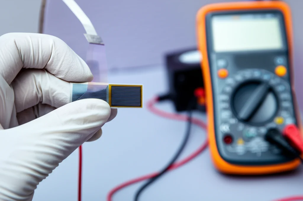 Fotografia di una cella solare organica flessibile funzionante, sottile e leggermente piegata tra due dita guantate in un laboratorio pulito. La cella è collegata a un multimetro che mostra una lettura di tensione. Scatto con obiettivo prime 35mm, profondità di campo ridotta per focalizzare sulla cella e sulla sua flessibilità, luce di laboratorio controllata.