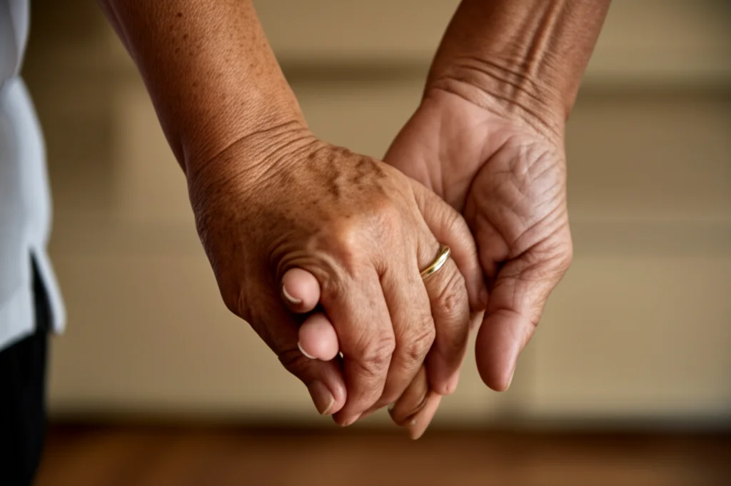 Fotografia macro di due mani che si stringono delicatamente, una apparentemente più vissuta dell'altra. Illuminazione controllata e calda per enfatizzare il contatto e il supporto. Obiettivo macro 100mm, messa a fuoco precisa sulle mani, sfondo sfocato per isolare il gesto. Alta definizione per mostrare i dettagli della pelle.