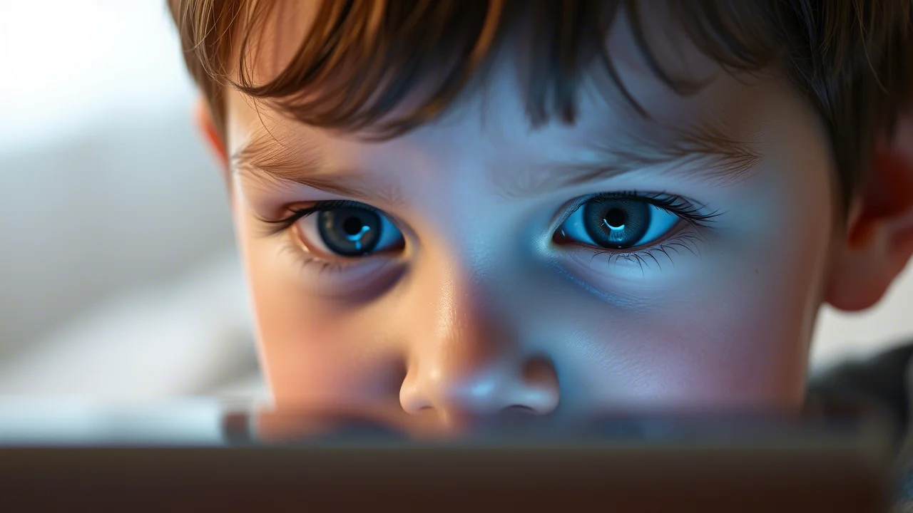 Primo piano degli occhi di un bambino di circa 7 anni che guarda intensamente uno schermo di tablet tenuto molto vicino al viso. La luce bluastra dello schermo si riflette nelle sue pupille. Obiettivo prime 35mm, profondità di campo ridotta per sfocare lo sfondo, illuminazione ambientale soffusa per enfatizzare la luce dello schermo. Stile fotorealistico.
