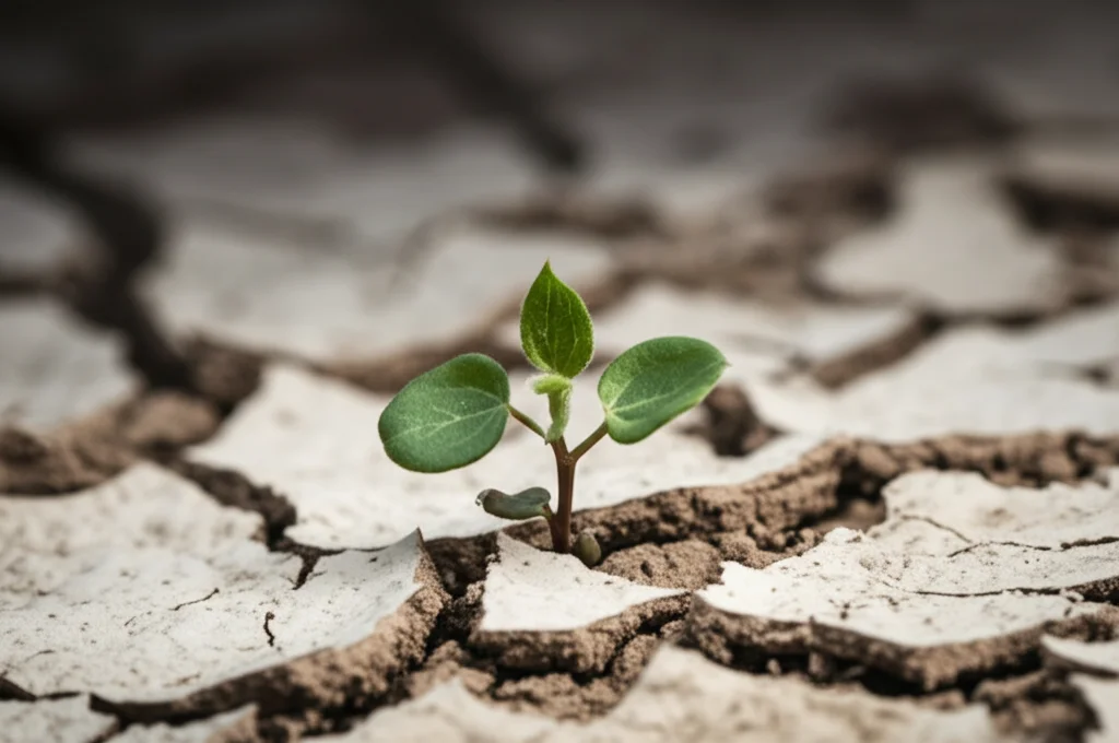 Primo piano macro di una giovane pianta di cotone che emerge da un terreno secco e screpolato, dall'aspetto calcareo. Luce laterale controllata per evidenziare la texture del suolo e la delicatezza della pianta. Obiettivo macro 100mm, alta definizione, messa a fuoco precisa sulla pianta.