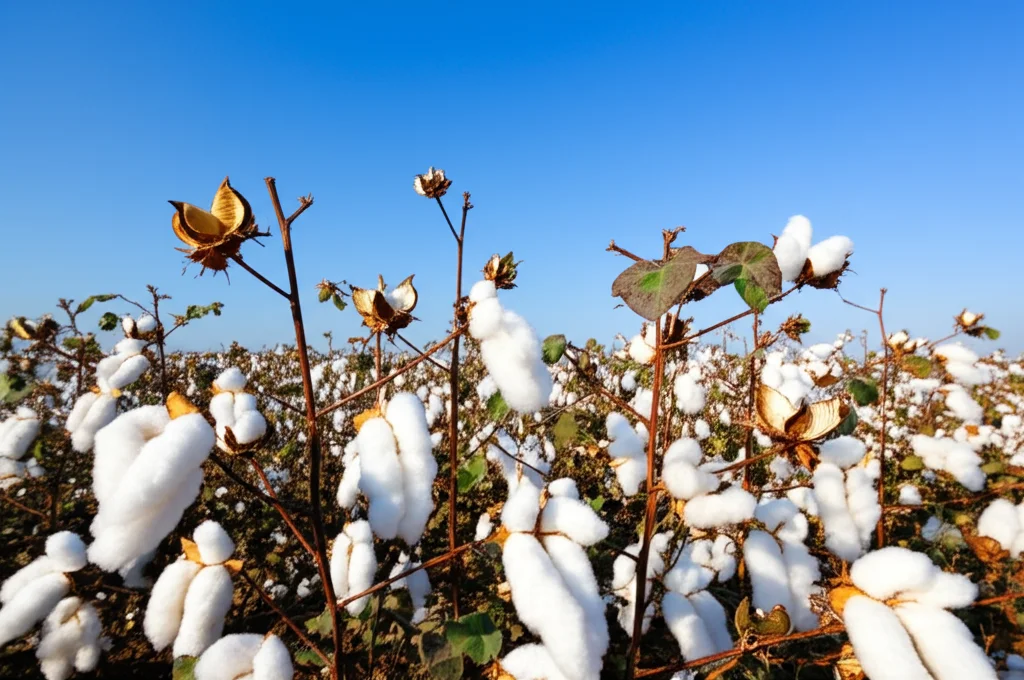 Campo di cotone rigoglioso sotto un cielo azzurro. Piante alte e cariche di capsule di cotone aperte e bianche. Luce solare diretta. Obiettivo grandangolare 24mm per catturare l'estensione del campo, messa a fuoco nitida su tutto il campo.