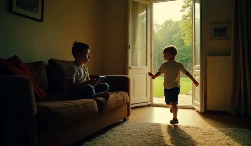 Fotografia in stile documentaristico che mostra due scenari affiancati. A sinistra: un bambino di 10 anni seduto su un divano in una stanza poco illuminata, curvo su un videogioco portatile. A destra: lo stesso bambino che corre felice in un parco verde sotto il sole. Obiettivo zoom 24-70mm, contrasto tra luce artificiale interna e luce naturale esterna. Stile fotorealistico.