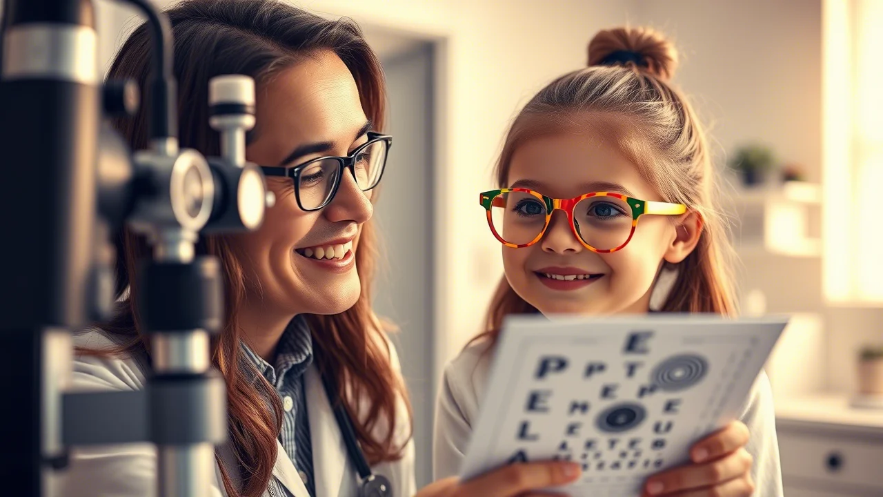 Un oculista pediatrico sorridente che mostra a una bambina come leggere una tabella ottometrica in uno studio medico luminoso e accogliente. La bambina indossa occhiali colorati. Obiettivo prime 50mm, messa a fuoco precisa sul volto della bambina, illuminazione controllata e calda. Stile fotorealistico.