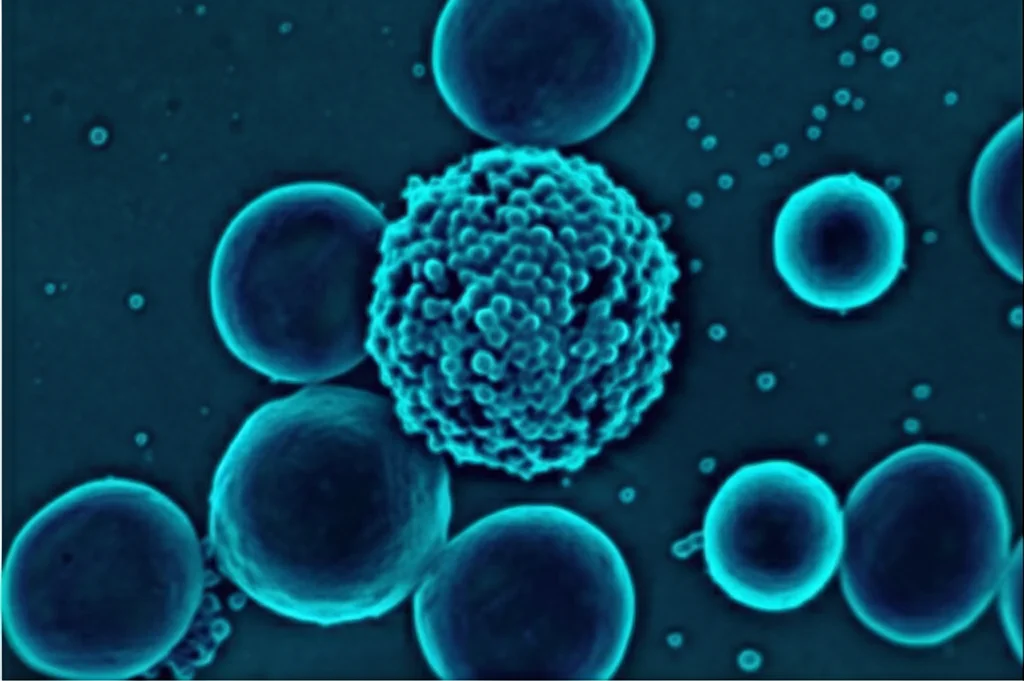 Macro fotografia di nanoparticelle ibride Tf-hEVs-Ber/Pal, sferiche, di circa 150-180nm, sospese in una soluzione acquosa. Illuminazione controllata per evidenziare la struttura della membrana lipidica ibrida, 100mm macro lens, alta definizione, messa a fuoco precisa.