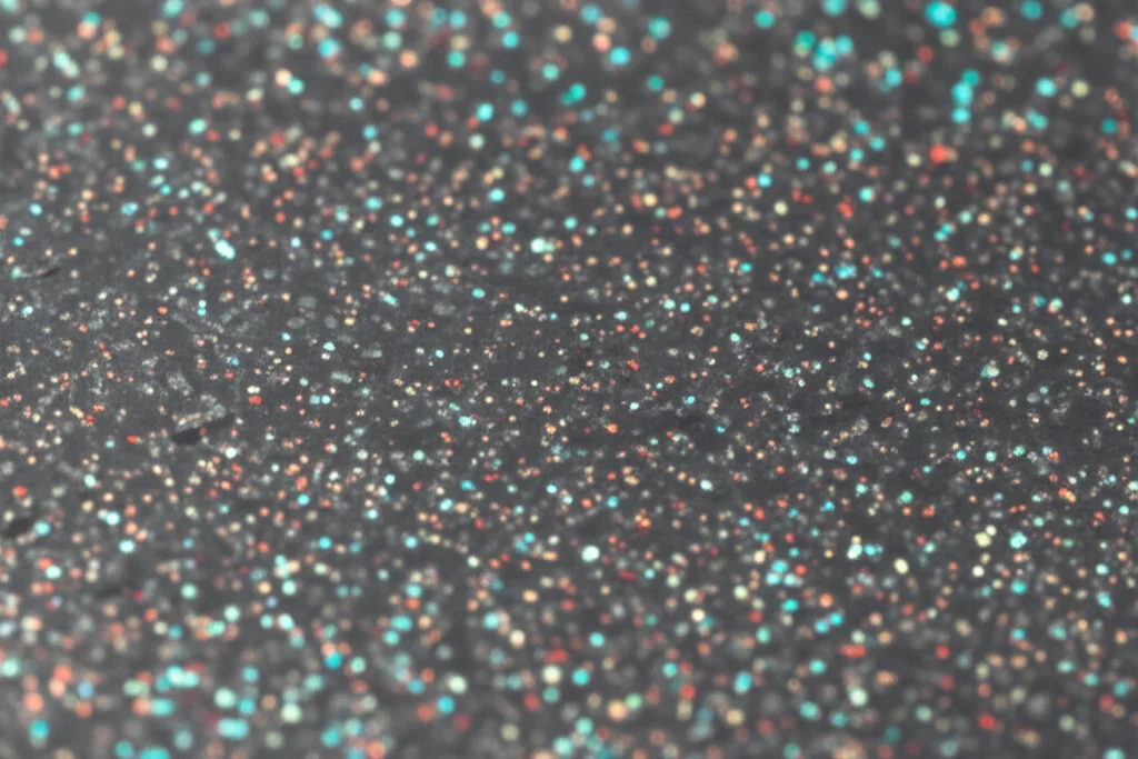 Macro fotografia, 80mm lens, di frammenti di film polimerico composito traslucido contenenti nanoparticelle visibili come puntini scintillanti, alta definizione, messa a fuoco precisa, illuminazione laterale controllata che rivela la texture superficiale.