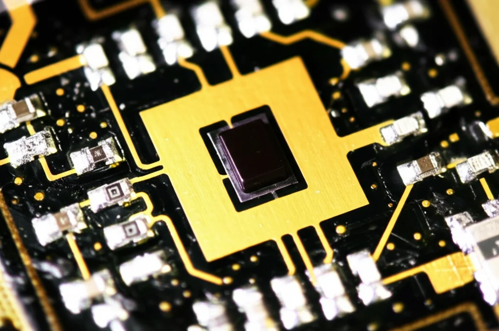 Scatto macro ravvicinato, obiettivo 100mm, che evidenzia il risonatore ad anello complementare rettangolare con un minuscolo diodo varactor integrato sul radiatore dell'antenna SWB. Messa a fuoco precisa sul diodo e sulla fessura del risonatore, illuminazione controllata.