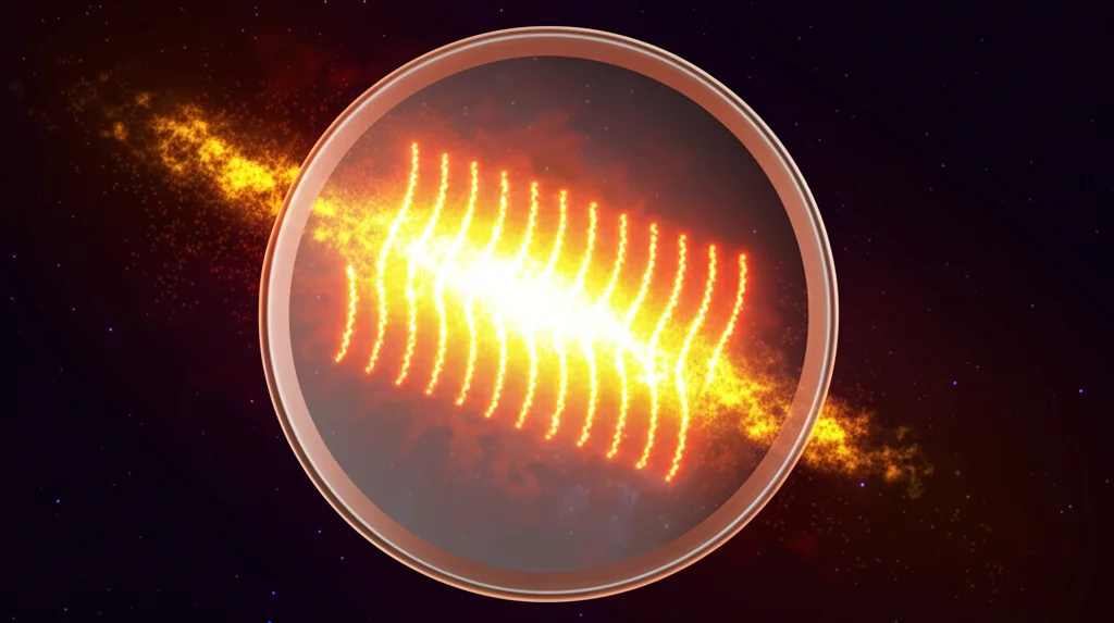 Immagine concettuale di raggi gamma (linee ondulate luminose) che vengono bloccati o attenuati da uno scudo traslucido rappresentante il composito polimerico ZnO, sfondo scuro, stile fotorealistico.