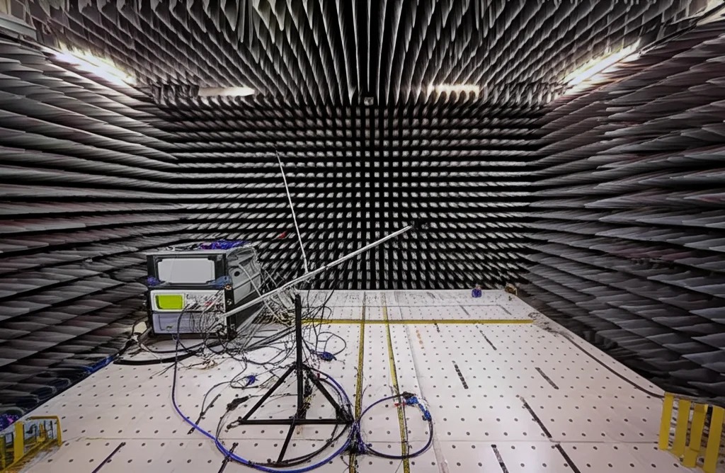 Scatto grandangolare, obiettivo 24mm, all'interno di una camera anecoica che mostra l'antenna SWB montata su un supporto di prova collegato ad apparecchiature di misurazione (come un VNA). Messa a fuoco nitida sulla configurazione dell'antenna, lunga esposizione per catturare i dettagli della camera.