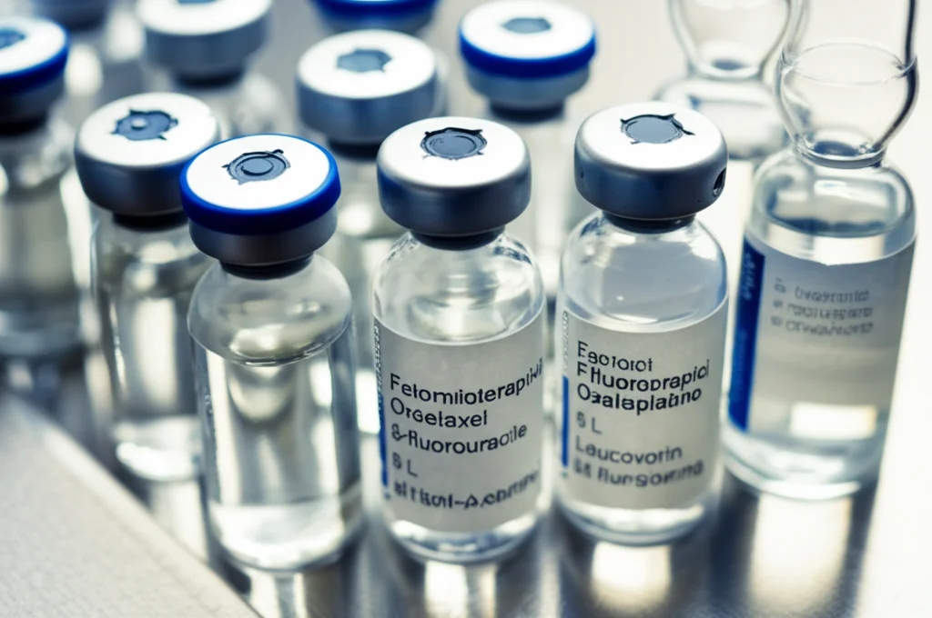 Fotografia macro di fiale di chemioterapici (docetaxel, oxaliplatino, 5-fluorouracile, leucovorin) disposte ordinatamente su un tavolo sterile in acciaio inossidabile. L'illuminazione è controllata e laterale, creando ombre morbide e mettendo in risalto le etichette. Lente macro 100mm, alta definizione, focus preciso sulle scritte dei farmaci, sfondo leggermente sfocato.