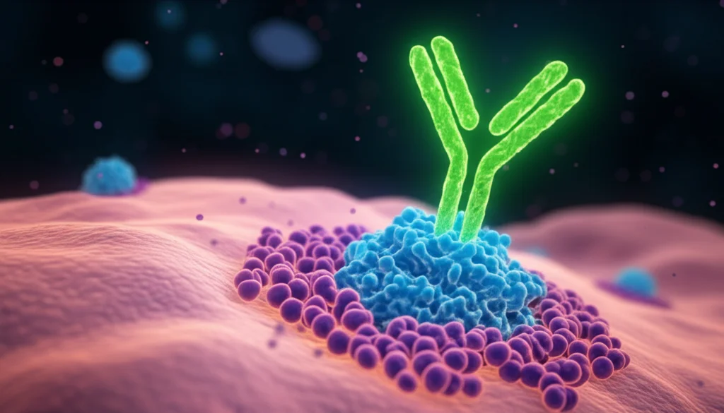 Illustrazione medica 3D stilizzata che mostra un anticorpo monoclonale (stilizzato, a forma di Y luminosa) che si lega specificamente alla proteina Claudina18.2 (rappresentata come una struttura complessa sulla membrana) di una cellula tumorale gastrica (sfera traslucida). Lo sfondo è scuro, quasi nero, per far risaltare l'interazione molecolare. Alta definizione, focus selettivo sull'anticorpo legato alla proteina.