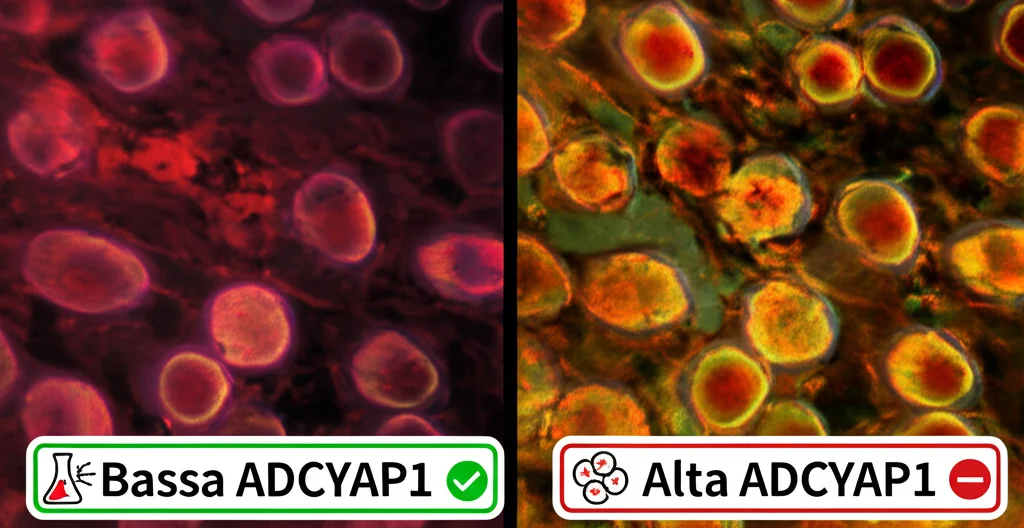 Illustrazione medica fotorealistica divisa in due: a sinistra, cellule tumorali scarsamente illuminate con etichetta 'Bassa ADCYAP1' e icona di prognosi positiva; a destra, cellule tumorali densamente illuminate con etichetta 'Alta ADCYAP1' e icona di prognosi negativa. Obiettivo 35mm, profondità di campo.