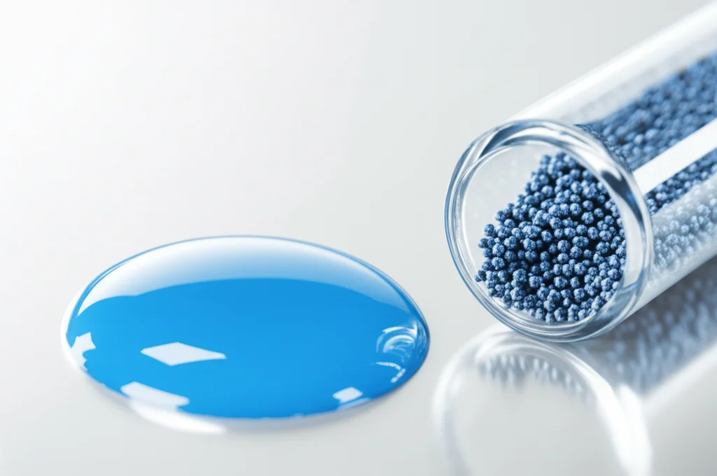 Fotografia macro di una goccia di plasma sanguigno su una superficie di laboratorio accanto a una fiala contenente nanoparticelle d'argento bluastre, obiettivo macro 85mm, messa a fuoco precisa, illuminazione da laboratorio.