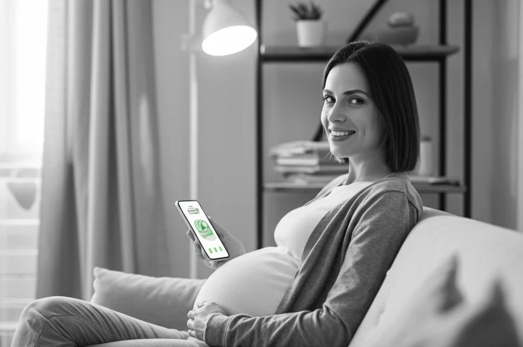 Fotografia ritratto, donna incinta sorridente seduta comodamente sul divano di casa, tiene in mano uno smartphone con un'interfaccia di app per la salute materna visibile, luce naturale morbida che entra da una finestra laterale, obiettivo 35mm, profondità di campo che sfoca leggermente lo sfondo del soggiorno, atmosfera calda e rassicurante, bianco e nero.