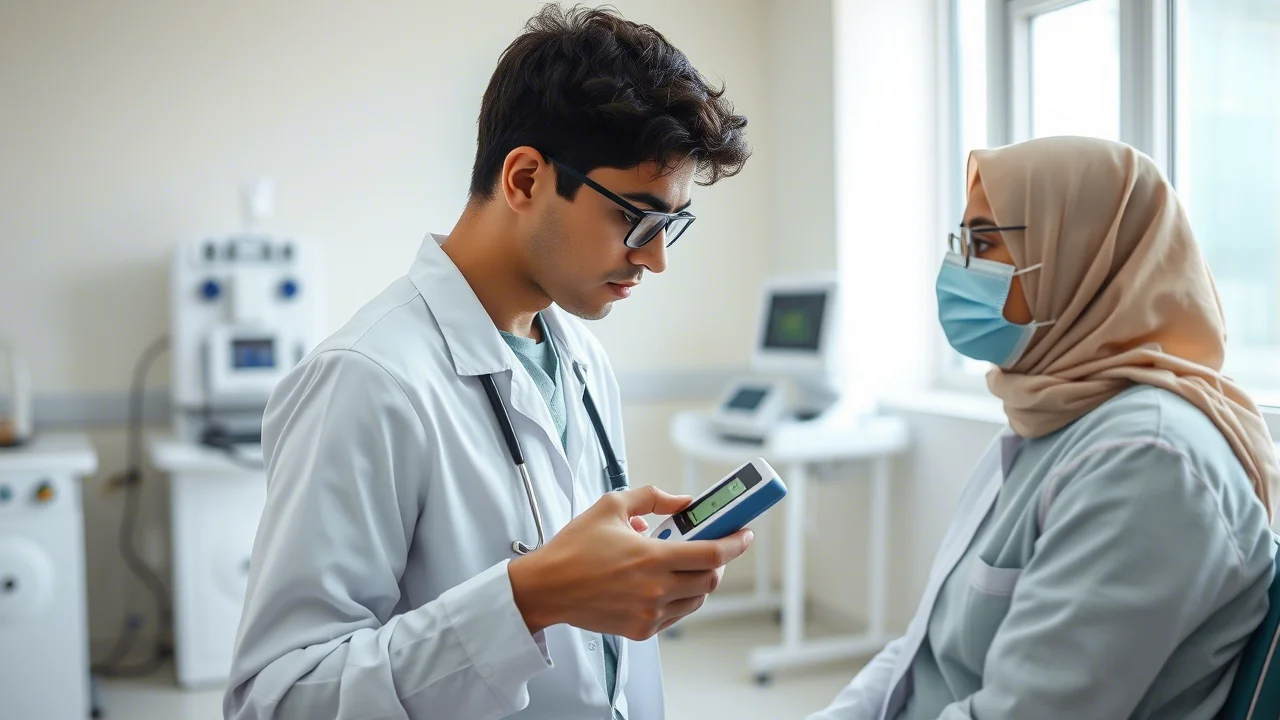 Medico che esegue un test del FeNO (ossido nitrico esalato) su un paziente adolescente in un ambulatorio luminoso presso l'Ospedale Universitario di Tanta, Egitto. Attrezzatura medica visibile sullo sfondo, obiettivo zoom 24-70mm, messa a fuoco precisa sul paziente e sul dispositivo portatile per il test.